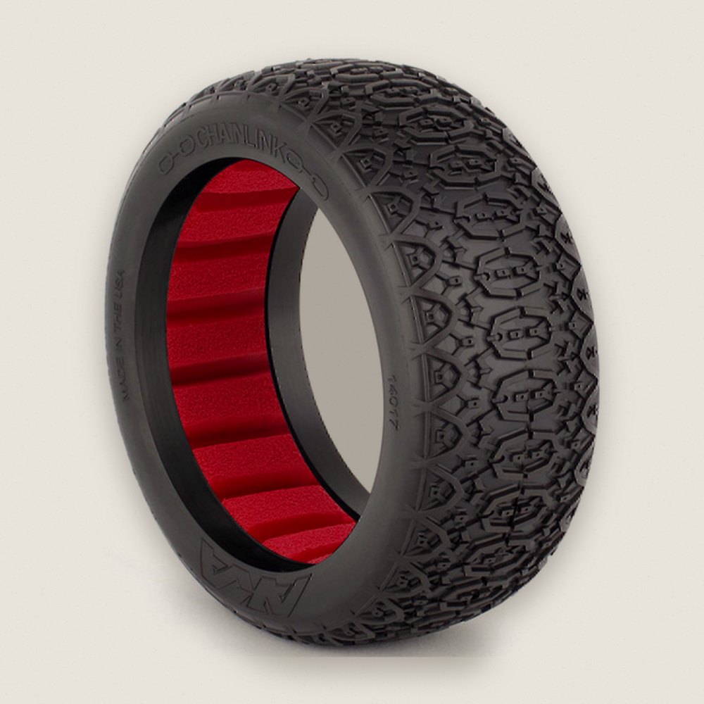 Buggy Tire, 1/8 Chain Link Medium Long Wear with Red Insert (2) - AKA Racing