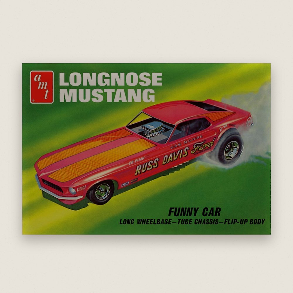 Plastic Model Kit: 69 Mustang Long Nose Funny Car, Gas Ronda, 1/25 - AMT