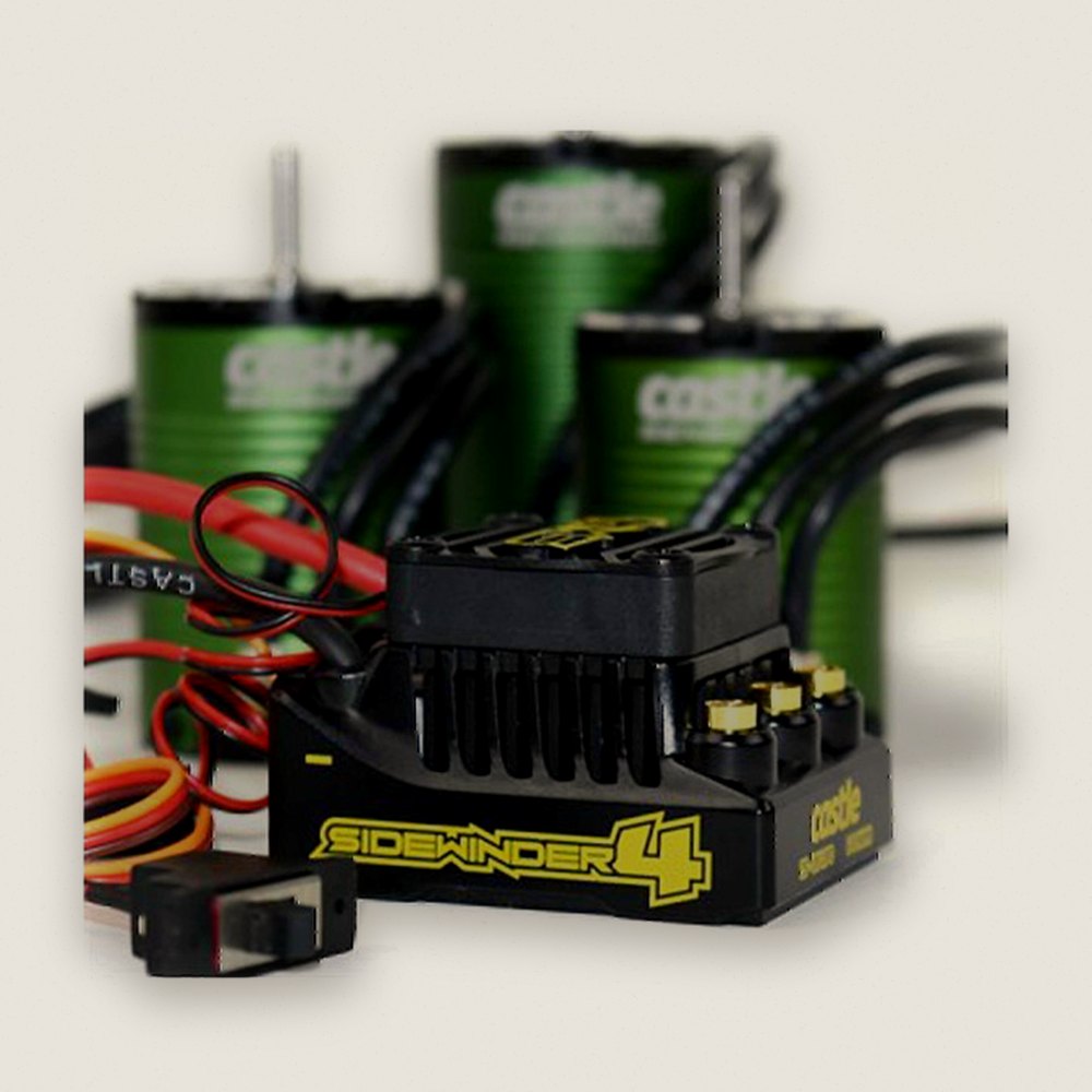 Brushless Motor Combo, SW 4 12.6V 2A Battery Eliminator Circuit Waterproof Sensorless Speed Control with 1412-2100 5mm Sensored Motor - Castle Creations