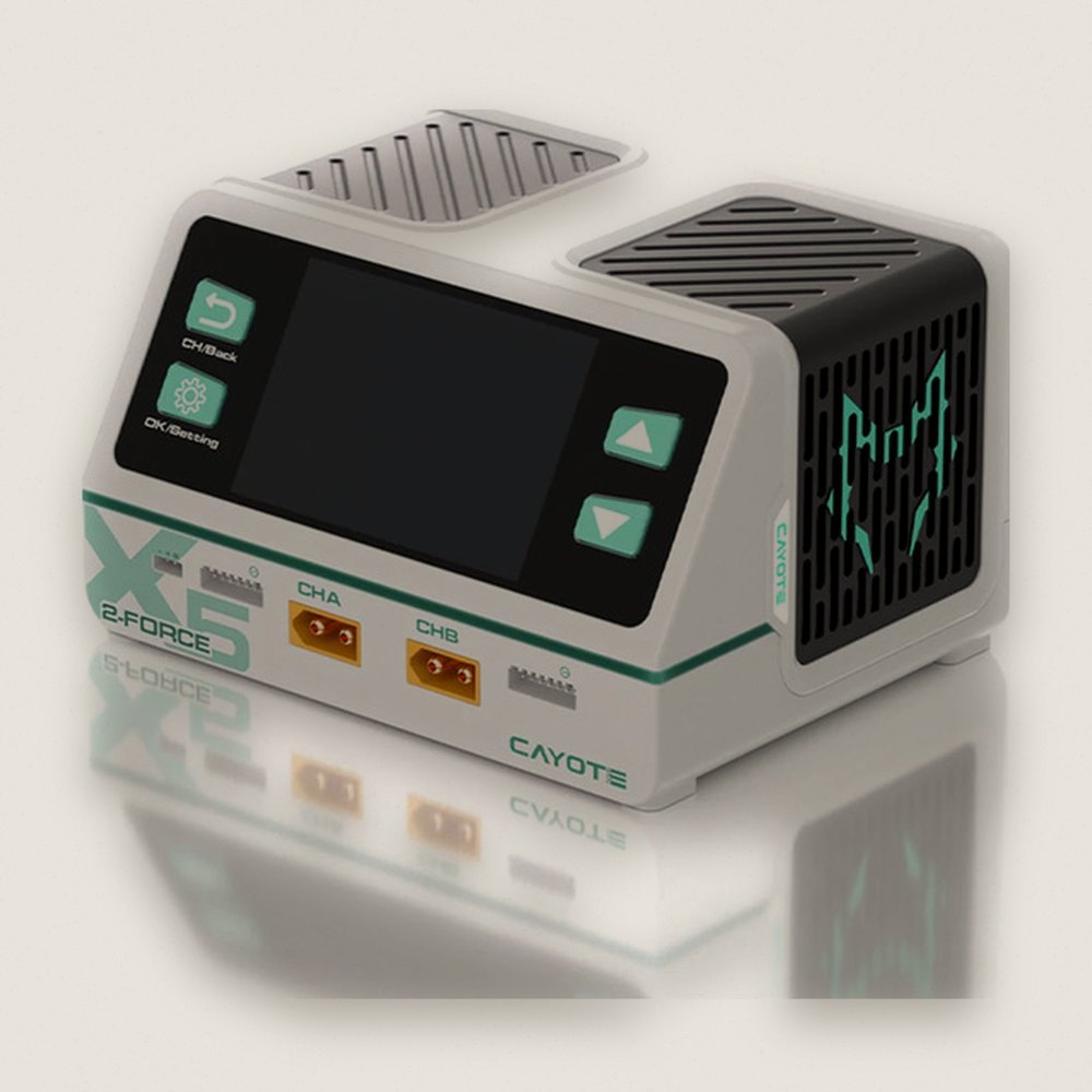Dual Battery Charger, 2-Force X5 Racing, with Xt90 Charge Lead - Cayote