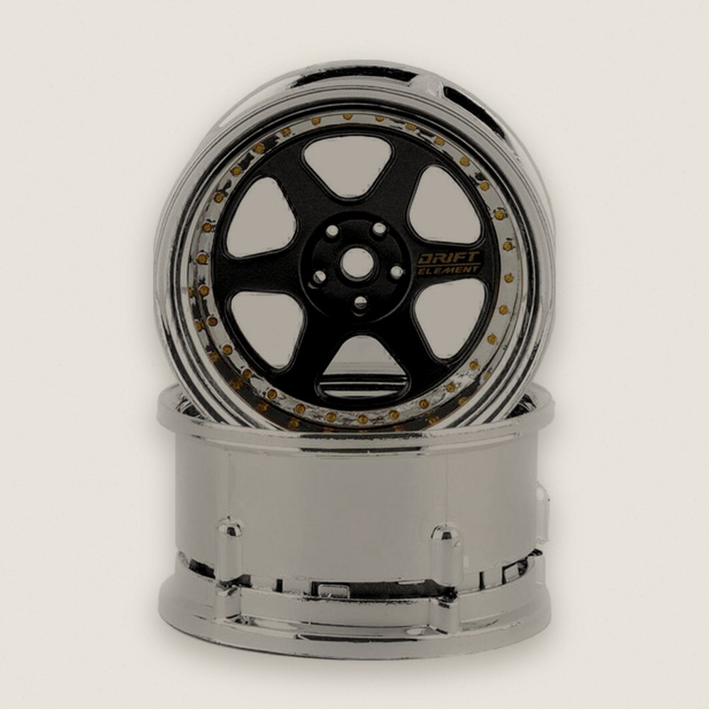 Drift Wheels, Drift Element 6 Spoke, Black & Chrome with Gold Rivets - DS Racing
