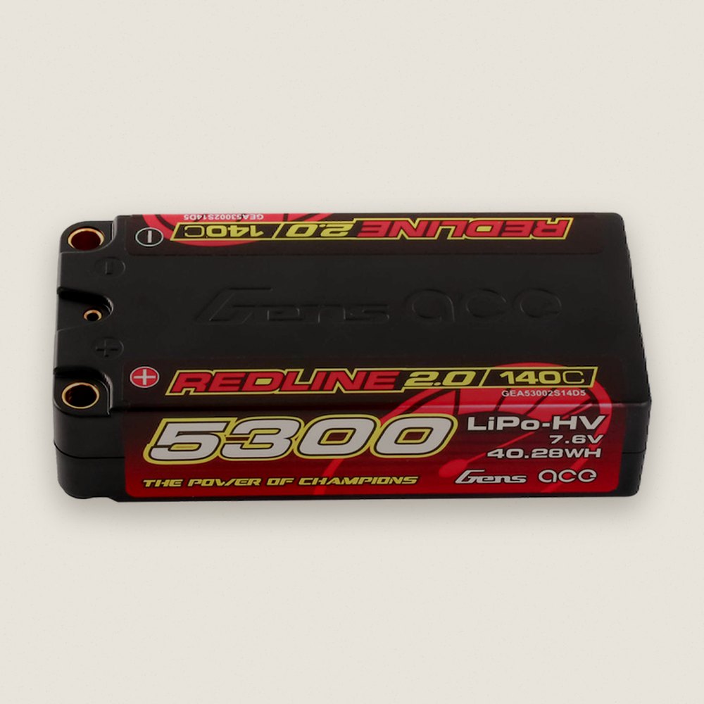 LiHV Shorty Battery, 7.6V 5300mAh 2S 140C, 5.0mm Bullet, Redline 2.0 - Gens Ace