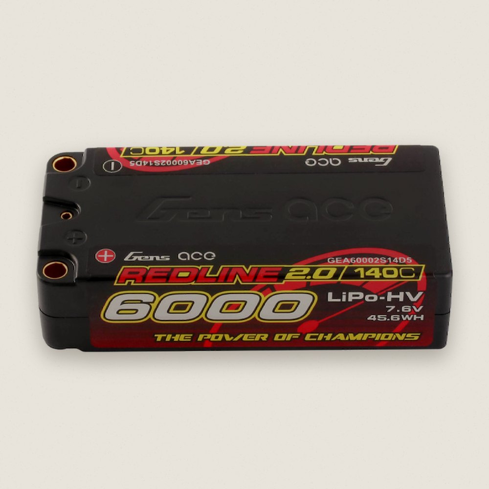 LiHV Shorty Battery, 7.6V 6000mAh 2S 140C with 5.0mm Bullet, Redline 2.0 - Gens Ace