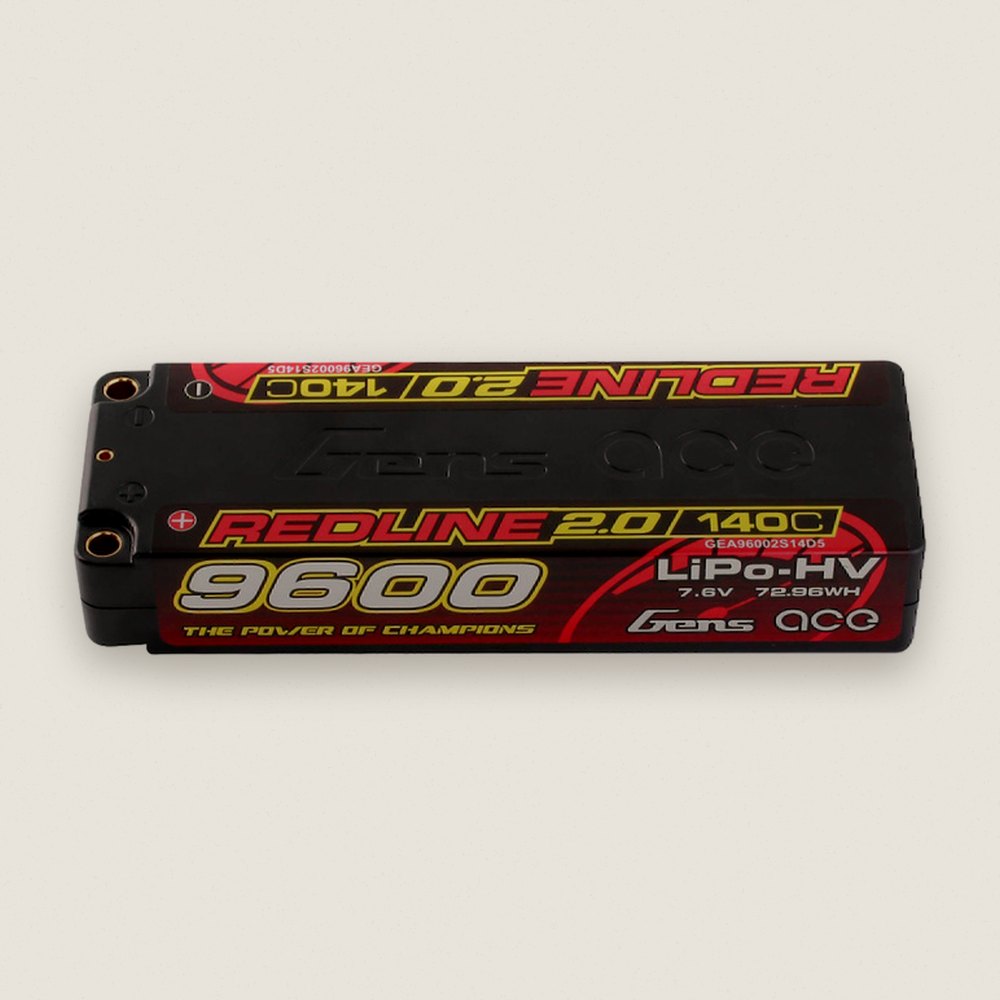 LiHV Battery, 7.6V 9600mAh 2S 140C with 5.0mm Bullet, Redline 2.0 - Gens Ace
