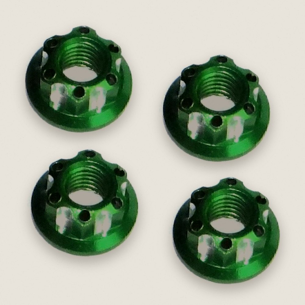 Wheel Nuts, Green Aluminum M5 Serrated Flange - X-Spede