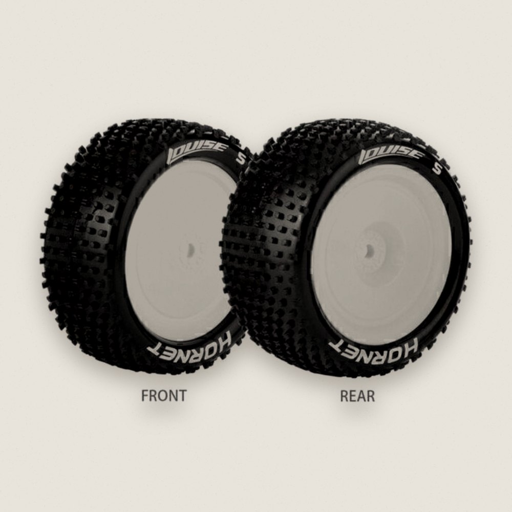 Buggy Tire, 1/10 4WD Front E-Hornet Soft, Mounted on White Rim - Louise RC