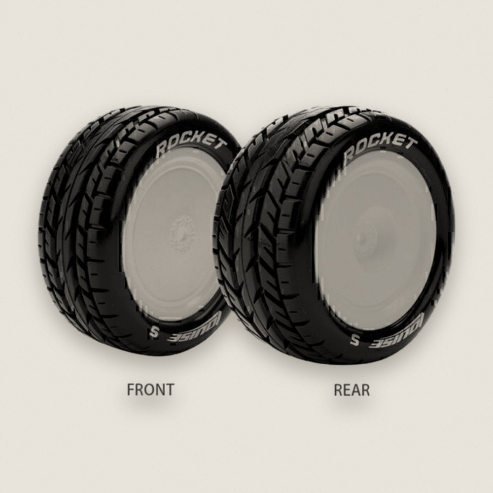 Buggy Tire, 1/10 4WD Front E-Rocket Soft, Mounted on White Rim - Louise RC