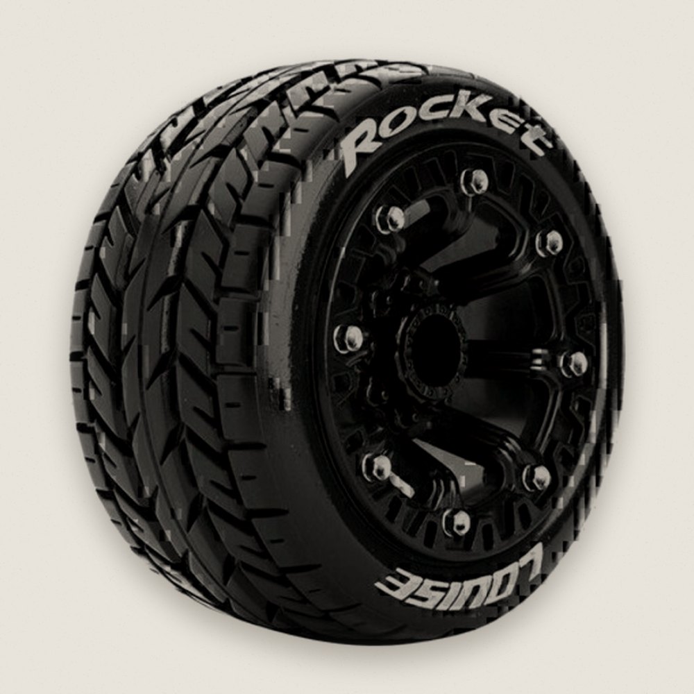 Stadium Truck Tires, 1/16 St-Rocket 12mm Hex Soft, Mounted on Black (2) - Louise RC