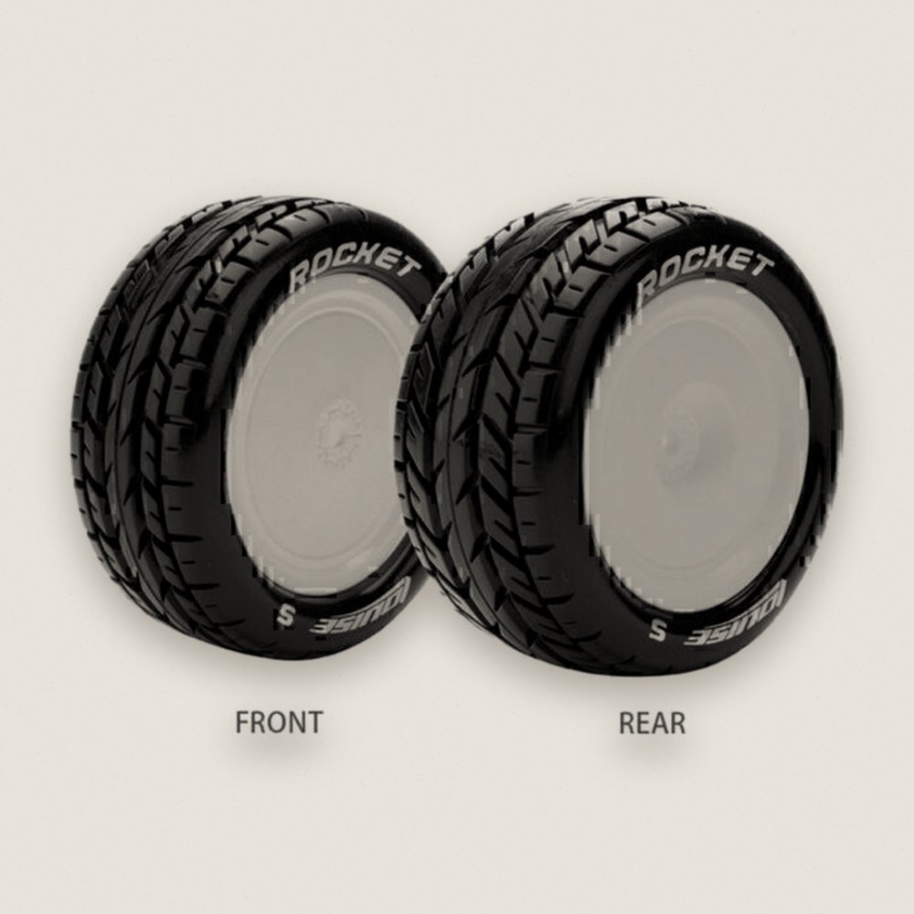 Buggy Tire, 1/10 4WD Rear E-Rocket Soft, Mounted on White Rim - Louise RC