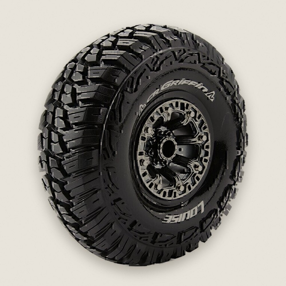 Crawler Tires, 1:10 Cr-Griffin 2.2, 12mm Hex, Mounted on Black Chrome - Louise RC