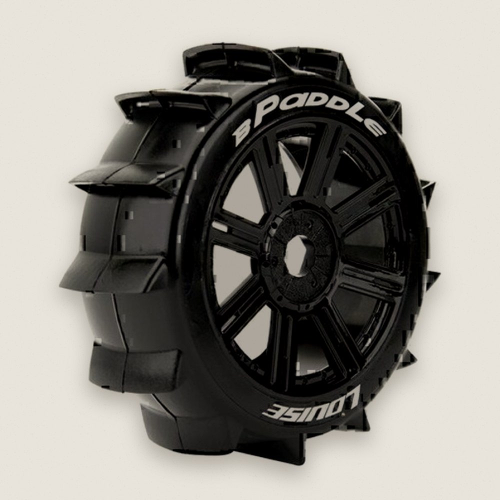 Off-Road Buggy Tires, 1/8 B-Paddle 17mm Hex, Mounted on Black - Louise RC