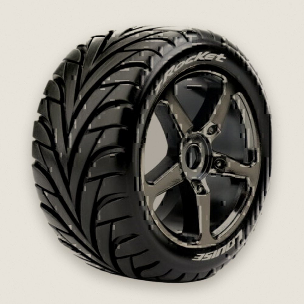 Off-Road Truggy Tires, 1/8 T-Rocket 0 Offset 17mm, Mounted on Black Chrome - Louise RC