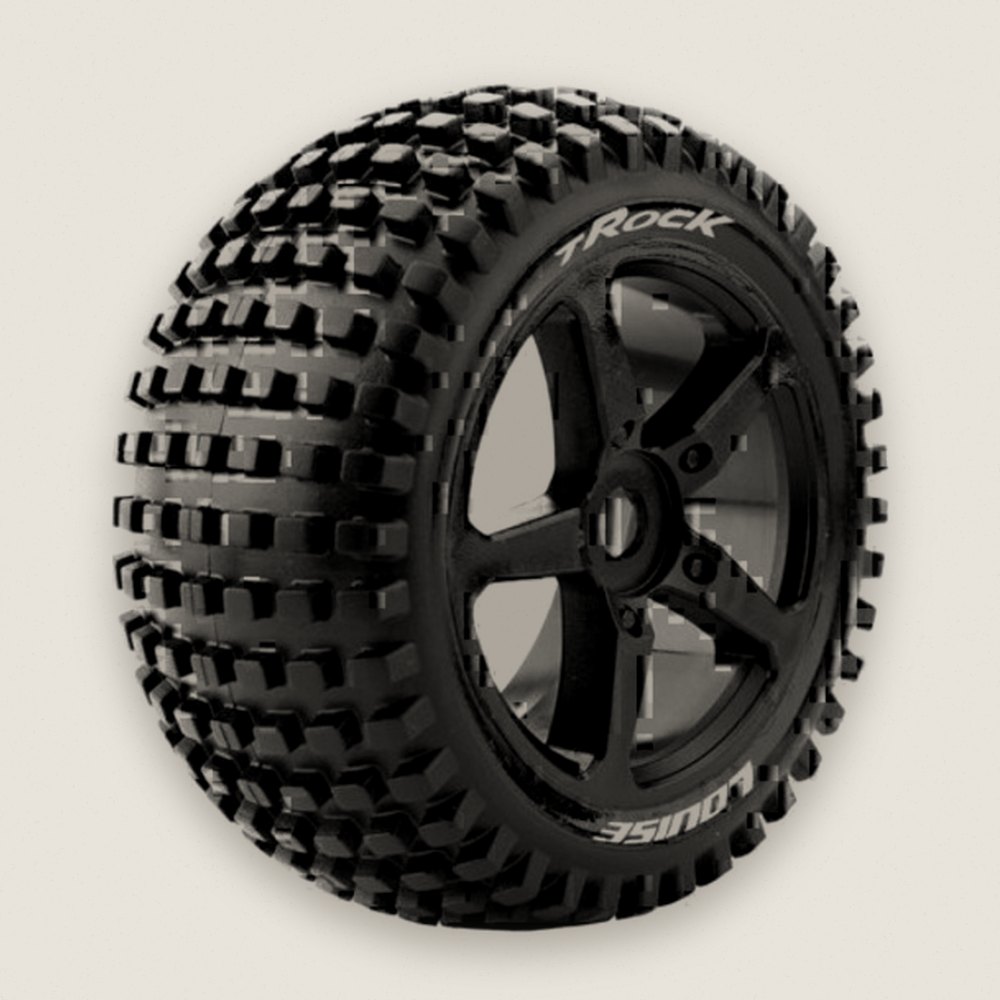 Off-Road Truggy Tires, 1/8 T-Rock 0 Offset 17mm, Mounted on Black (2) - Louise RC