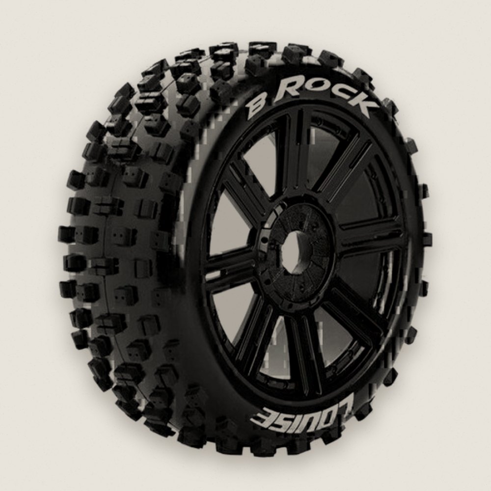 Off-Road Buggy Tires, 1/8 B-Rock 17mm Hex, Mounted on Black Spoke - Louise RC