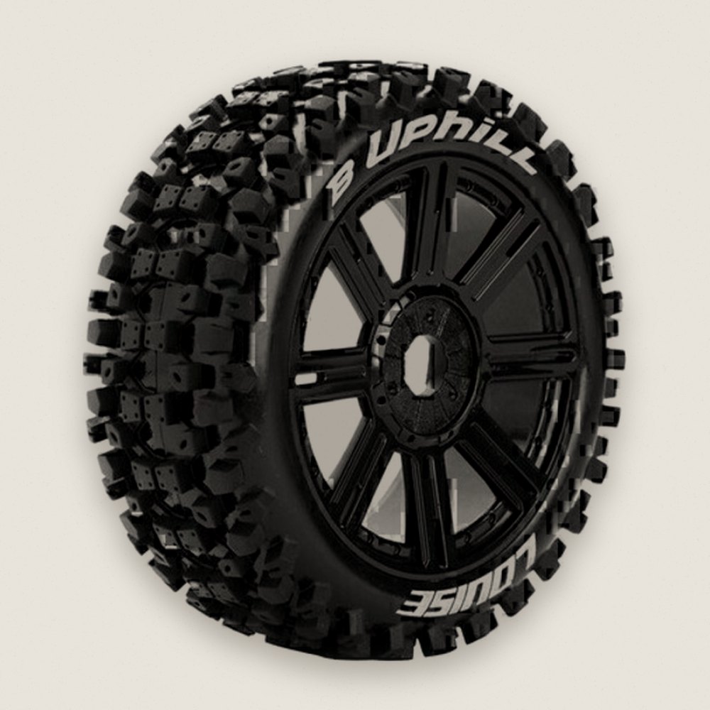 Off-Road Buggy Tires, 1/8 B-Uphill 17mm Hex, Mounted on Black (2) - Louise RC