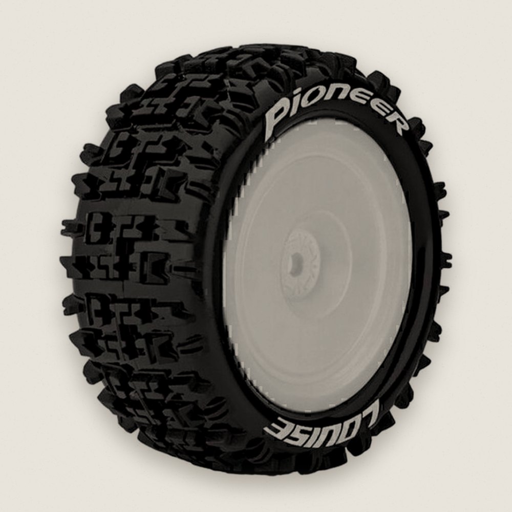 Buggy Tire, 1/10 4WD Rear E-Pioneer Soft, Mounted on White Rim - Louise RC