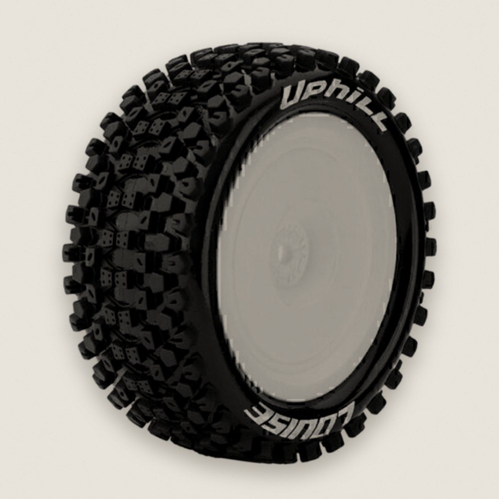 Buggy Tire, 1/10 4WD Rear E-Uphill Soft, Mounted on White Rim - Louise RC