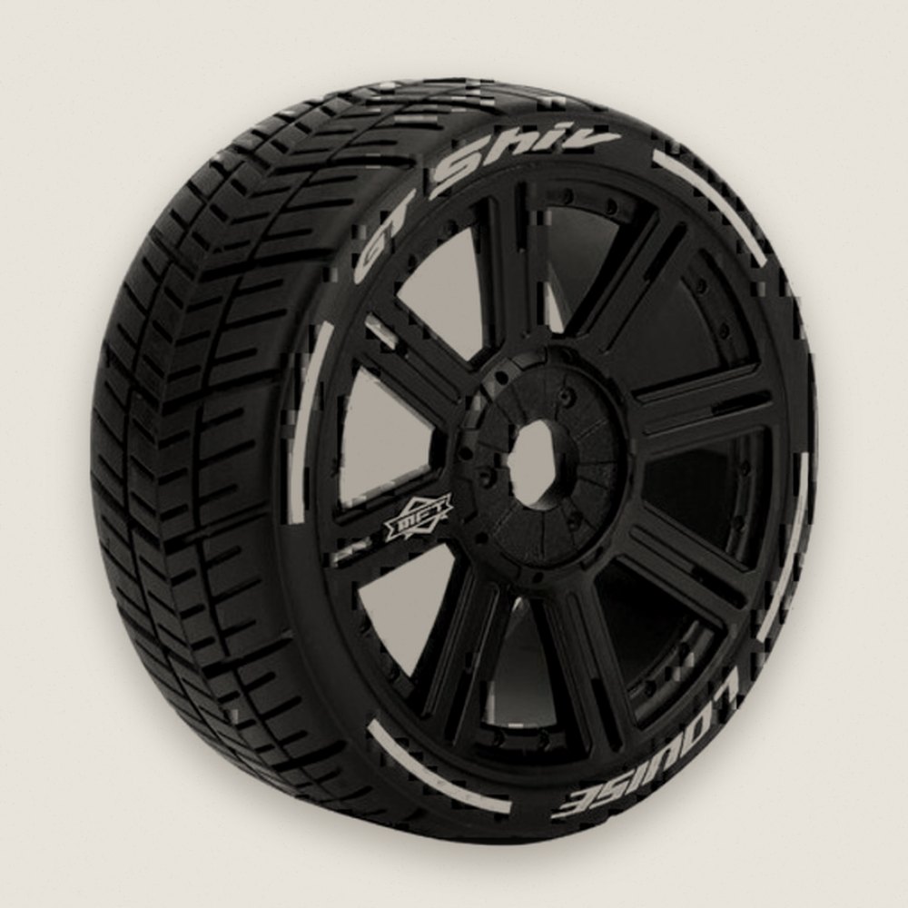 On-Road GT Tires, 1/8 Mft Gt-Shiv 17mm Hex, Soft, Mounted on Black Spoke (Pair) - Louise RC