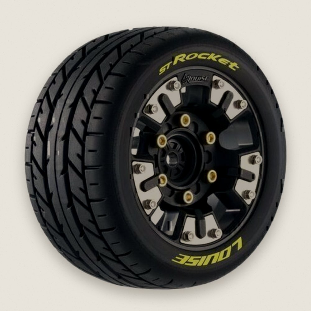 Stadium Truck Tires, St-Rocket Soft, Mounted, 0 & 1/2 Offset, Removable Hex, 12 14 17mm - Louise RC