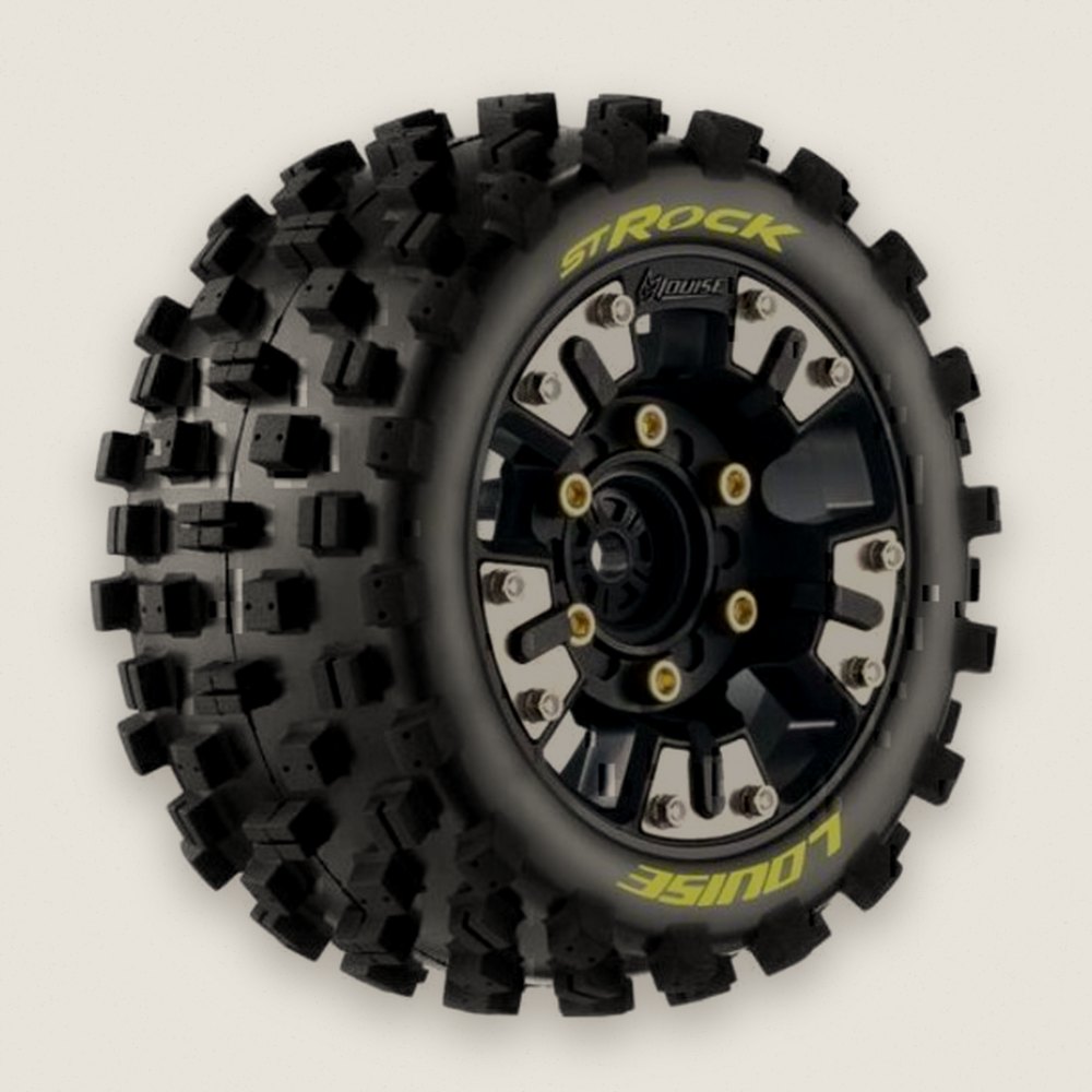Stadium Truck Tires, St-Rock Soft, Mounted, 0 & 1/2 Offset, Removable Hex, 12 14 17mm - Louise RC