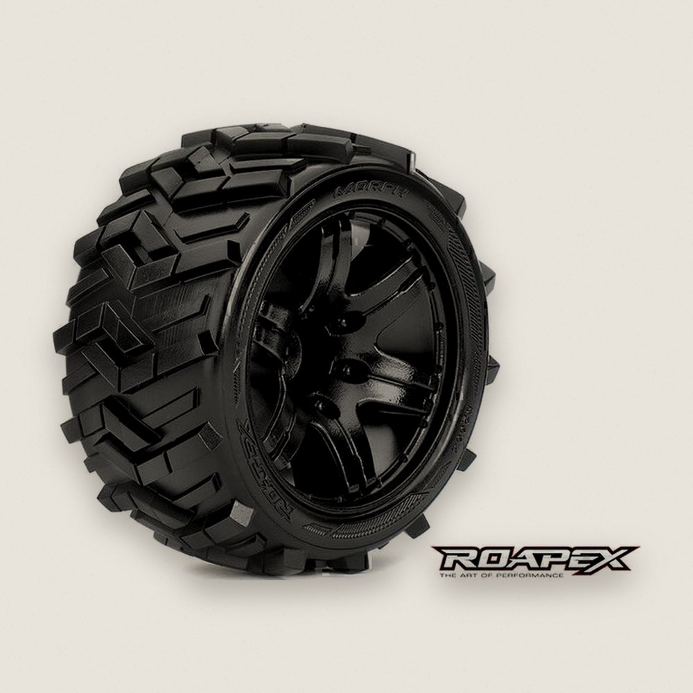 Stadium Truck Tire, Morph 1:10, Black Wheel, 1/2 Offset - Roapex R/C