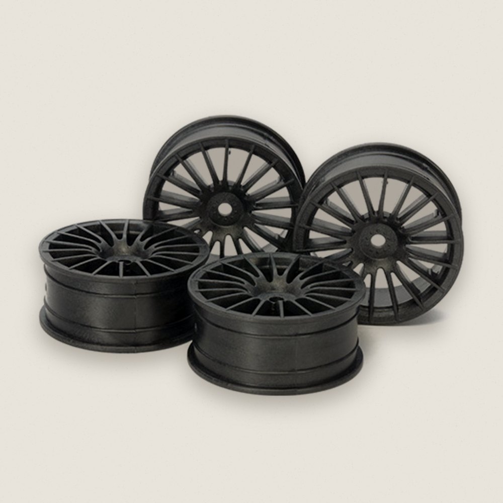 Wheels, 24mm Medium-Narrow 18-Spoke Black Offset 0 Hard 4 Pieces - Tamiya